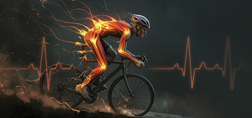 Cyclist with glowing muscles representing oxygen flow