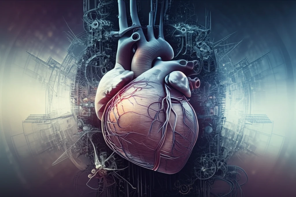 Futuristic illustration of a heart supported by interconnected gears and circuits, representing LVAD technology.