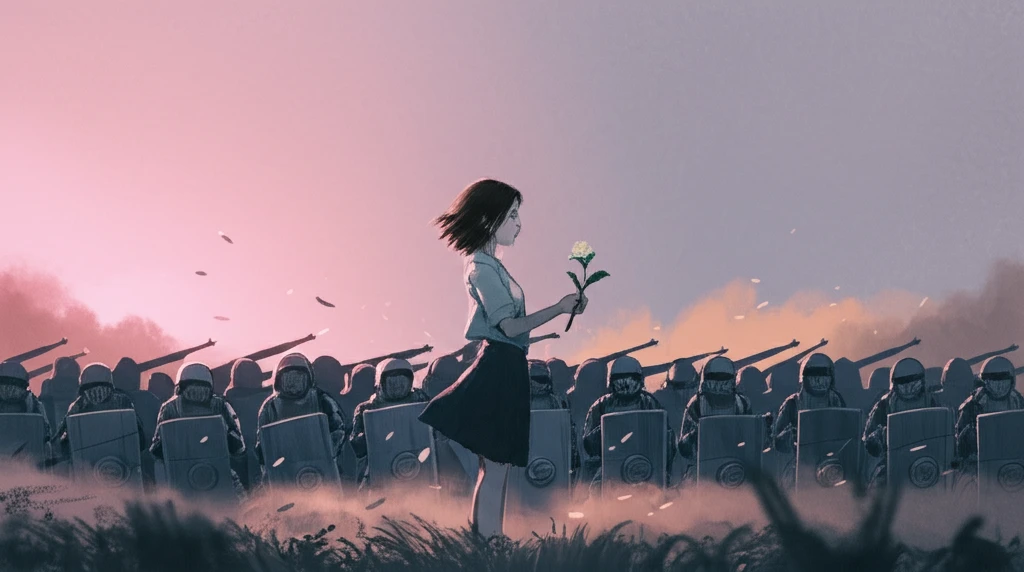 A young woman with a flower confronts armed soldiers in a surreal digital illustration.