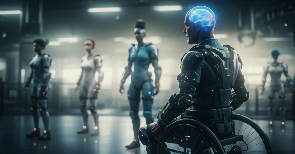 Stroke patients using BCI-controlled exoskeletons in a rehabilitation center, symbolizing hope and recovery.