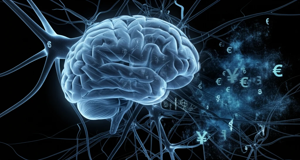 Neural network brain with financial symbols representing deep learning in finance.