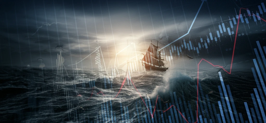 Graphs depicting economic downturns overlaid on a stormy ocean representing economic shocks.