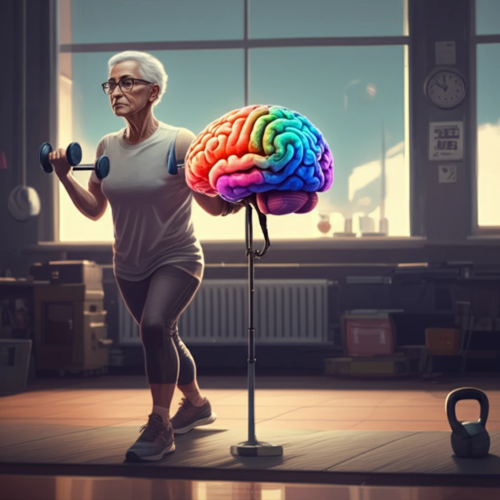 Older adult performing light resistance exercise with a vibrant brain overlay.