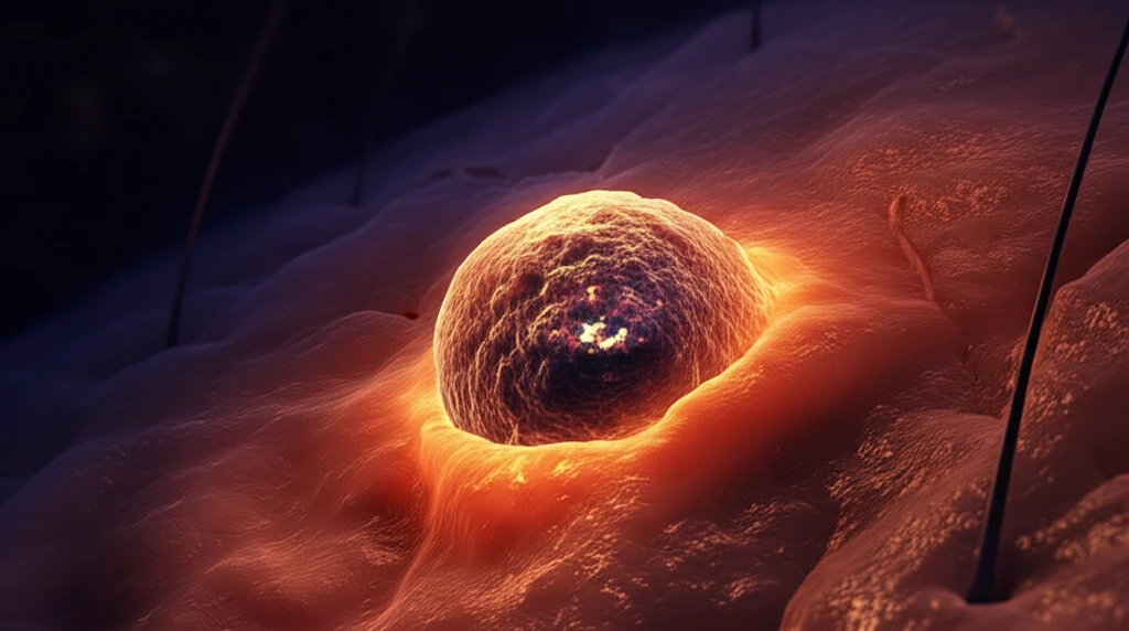 Microscopic view of skin cells with one cancerous cell highlighted.