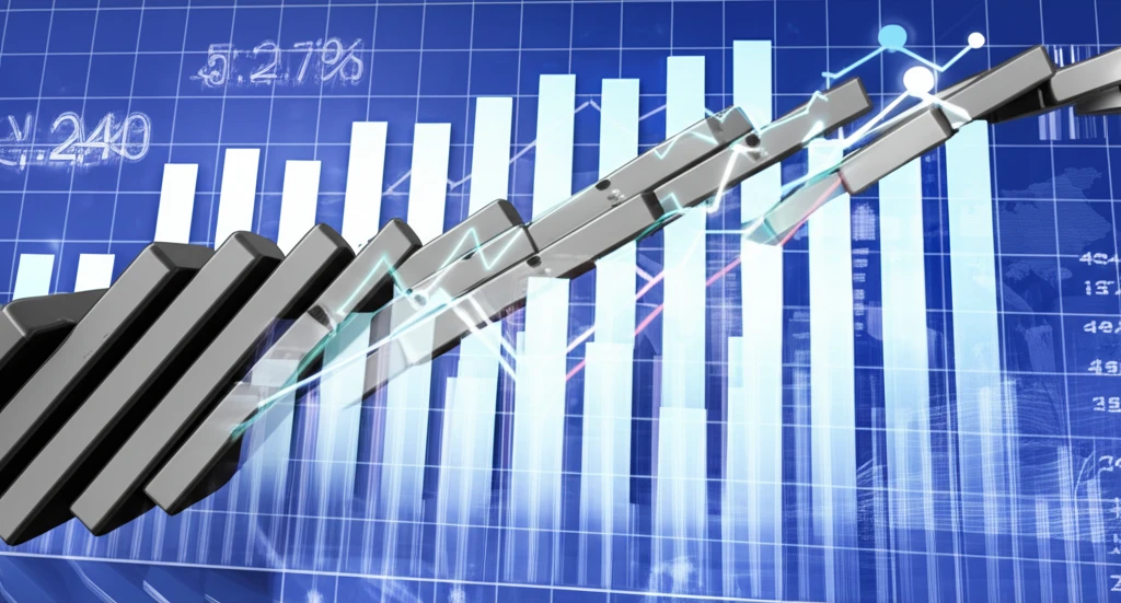 Surreal illustration of falling dominoes symbolizing simultaneous events and risk management.