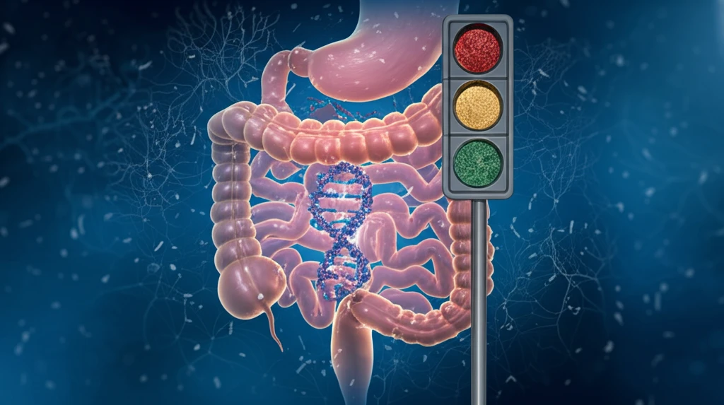 A digital illustration depicting a microscopic view of an RNA molecule regulating bacterial activity within the human intestine.
