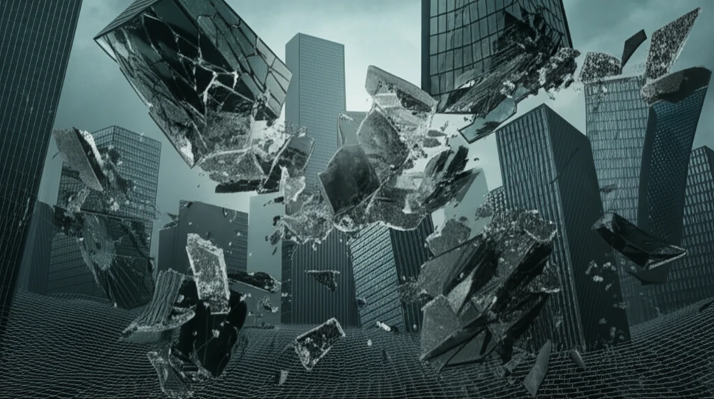 Fragile interconnected glass skyscrapers symbolizing the financial system.