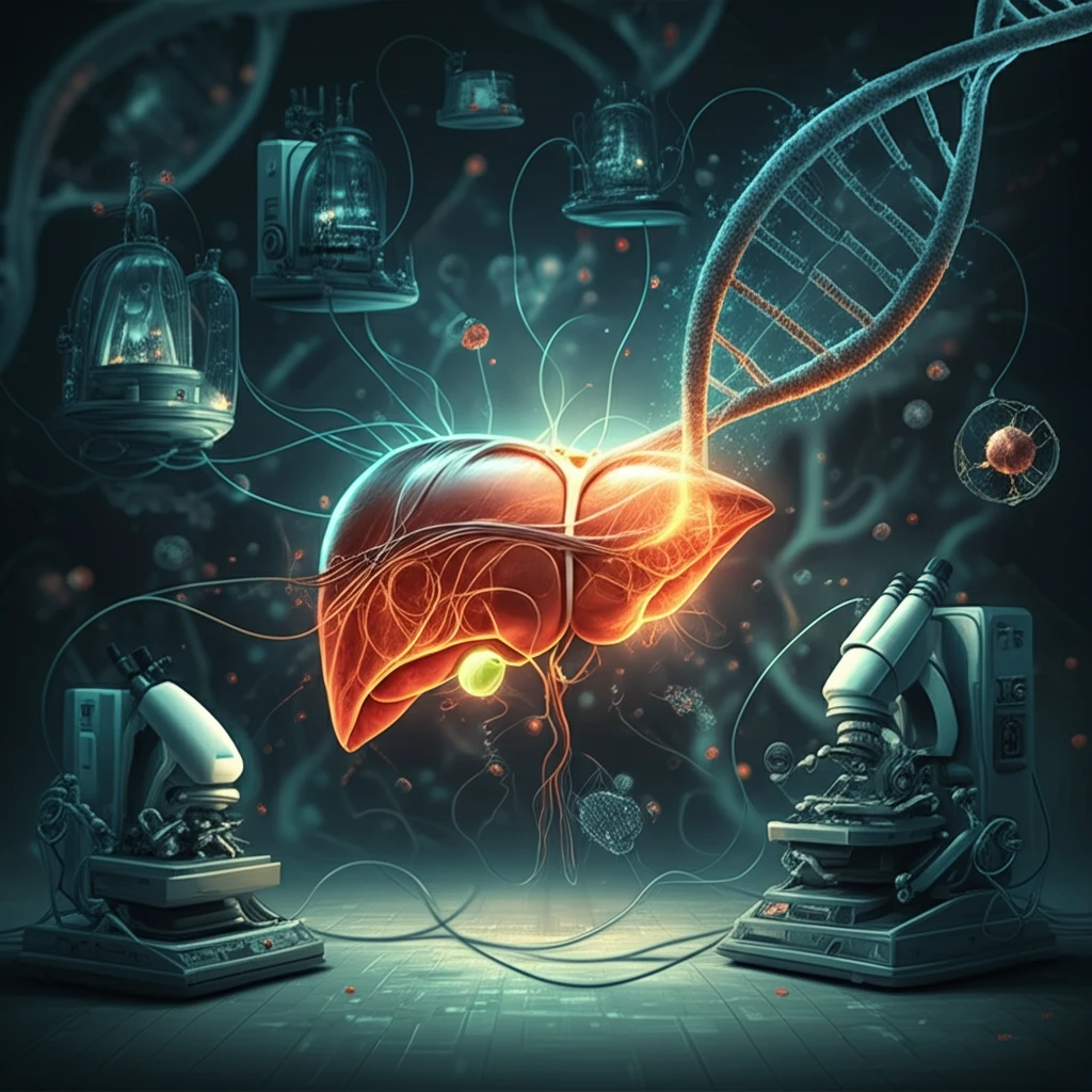Glowing liver interwoven with DNA, futuristic stem cell research