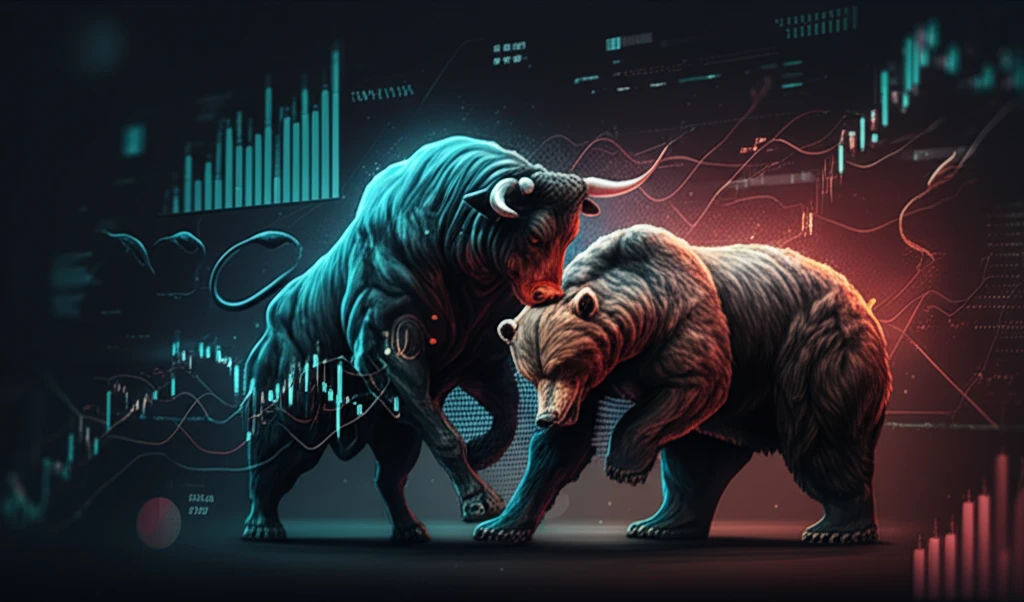 Surreal illustration of interconnected market strategies using copulas and stylized bull and bear figures.