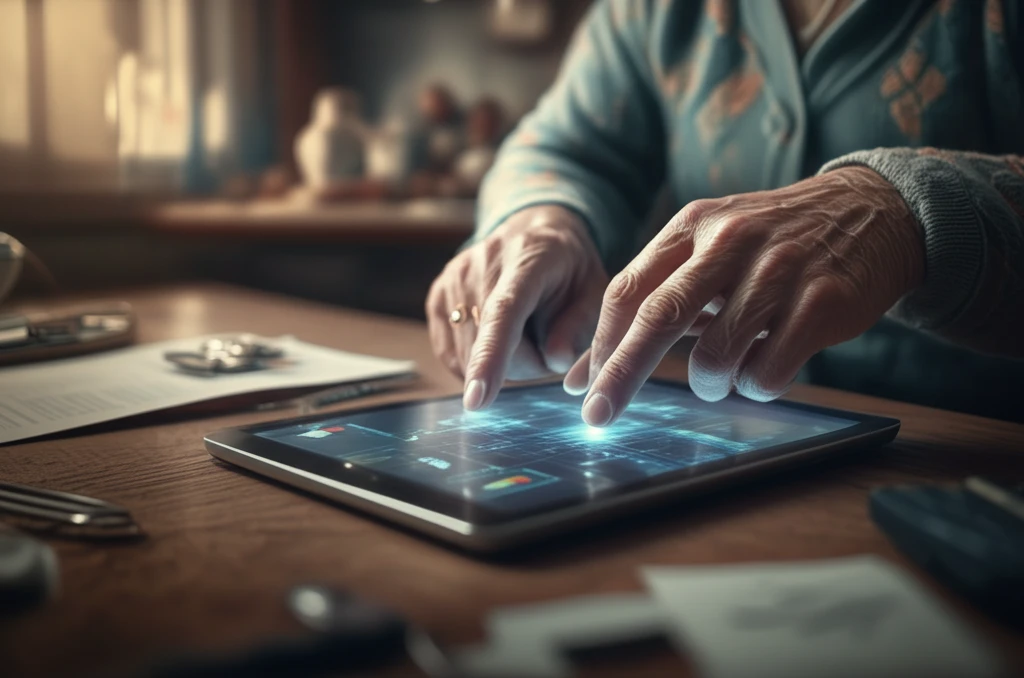 Elderly hands interacting with an Advance Directive app on a digital tablet.