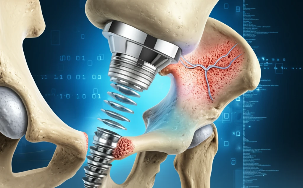 Hydroxyapatite coated hip implant integrating with bone.