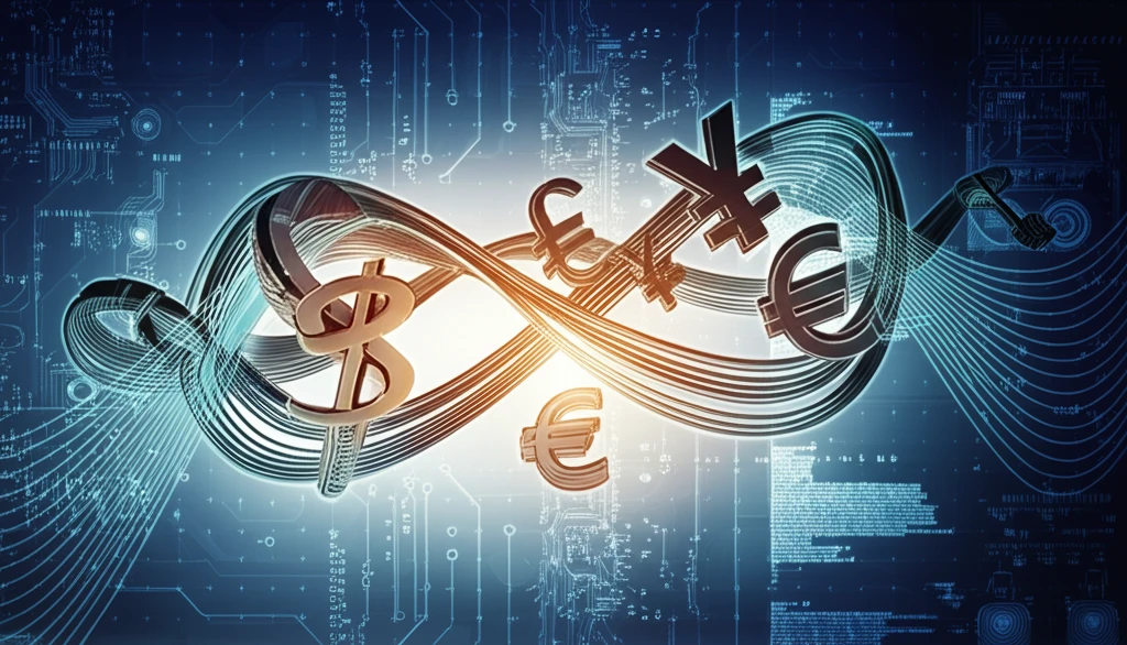 Intertwined currency symbols on a circuit board, symbolizing complex currency modeling.
