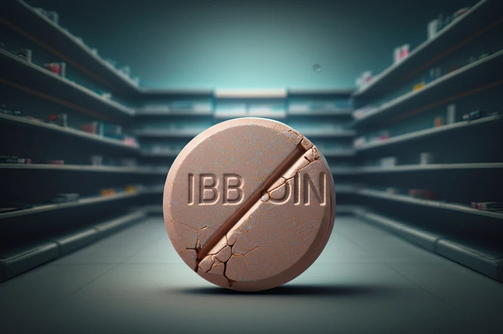 Surreal illustration of an ibuprofen tablet with a crack, symbolizing the current shortage.