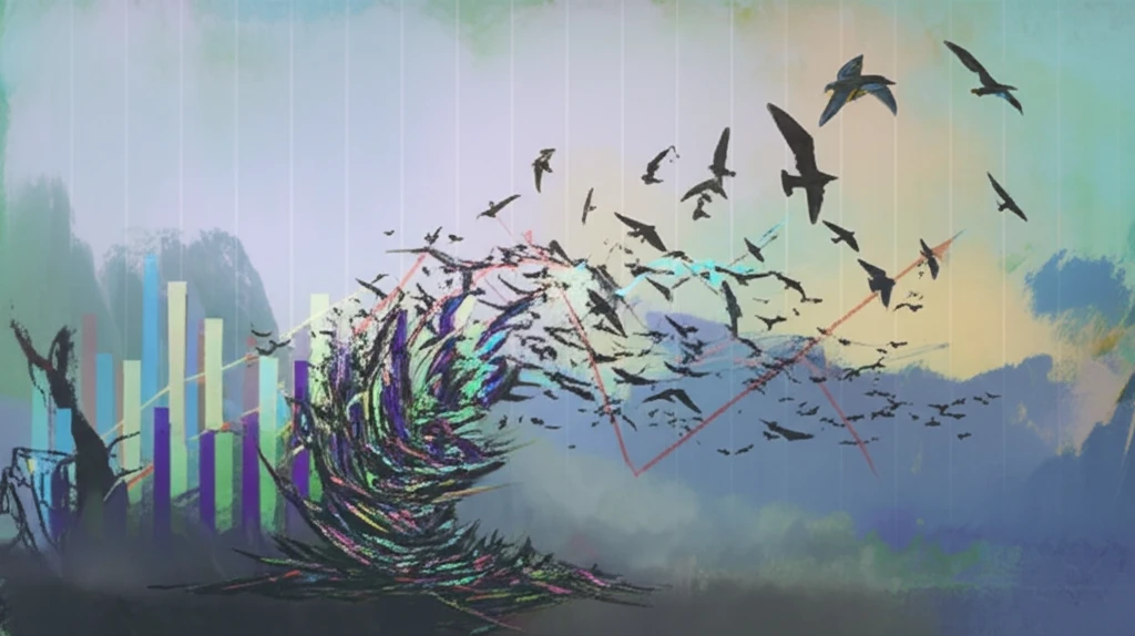 Surreal image of a fluctuating market graph transforming into birds, symbolizing economic volatility.