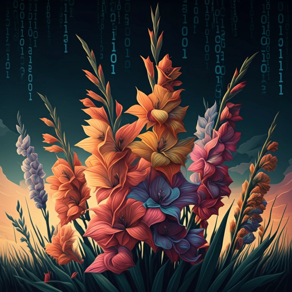 Diverse gladiolus flowers blooming, representing genetic diversity.