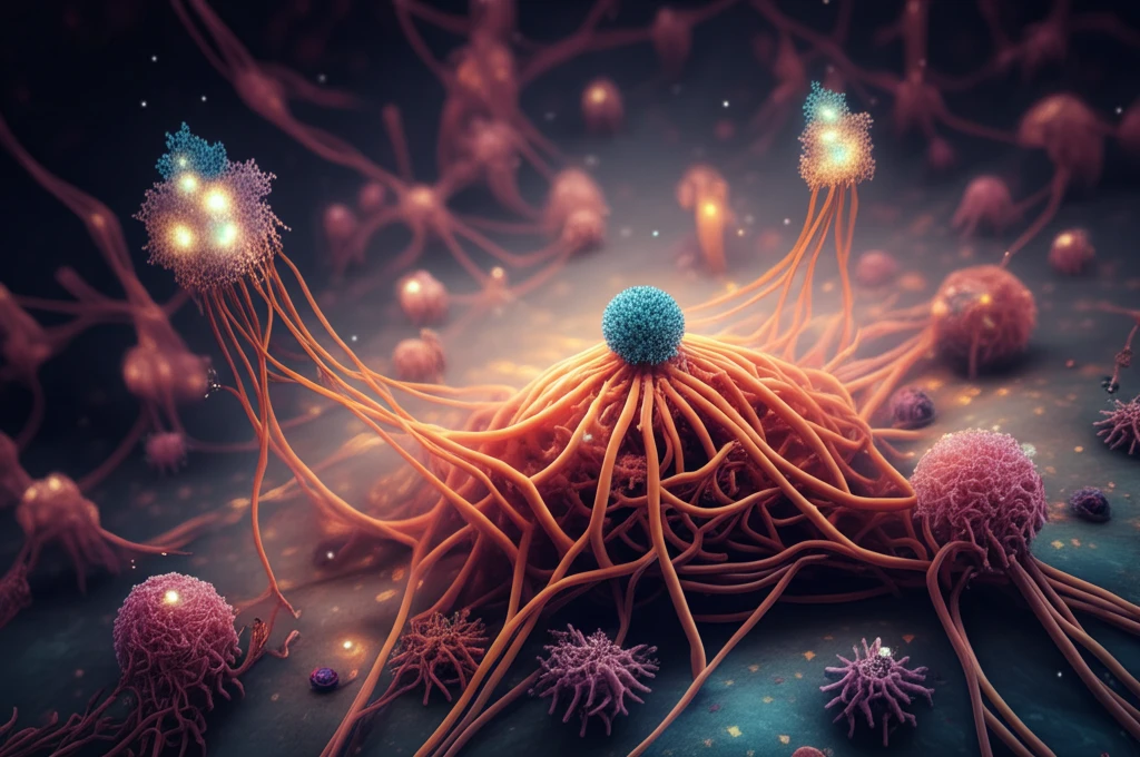 Microscopic view of ovarian cancer cells with MMPs and TIMPs.