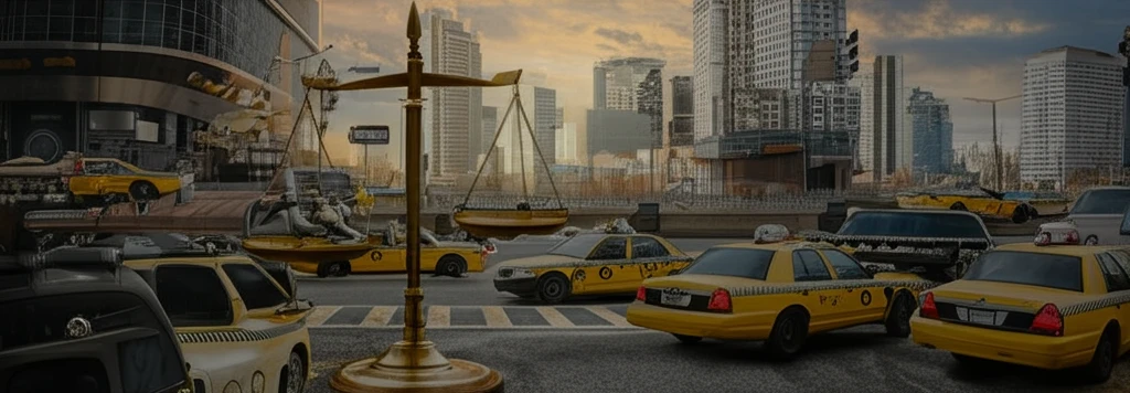 Futuristic cityscape with autonomous vehicles and traditional taxis, symbolizing balanced regulation in transportation.