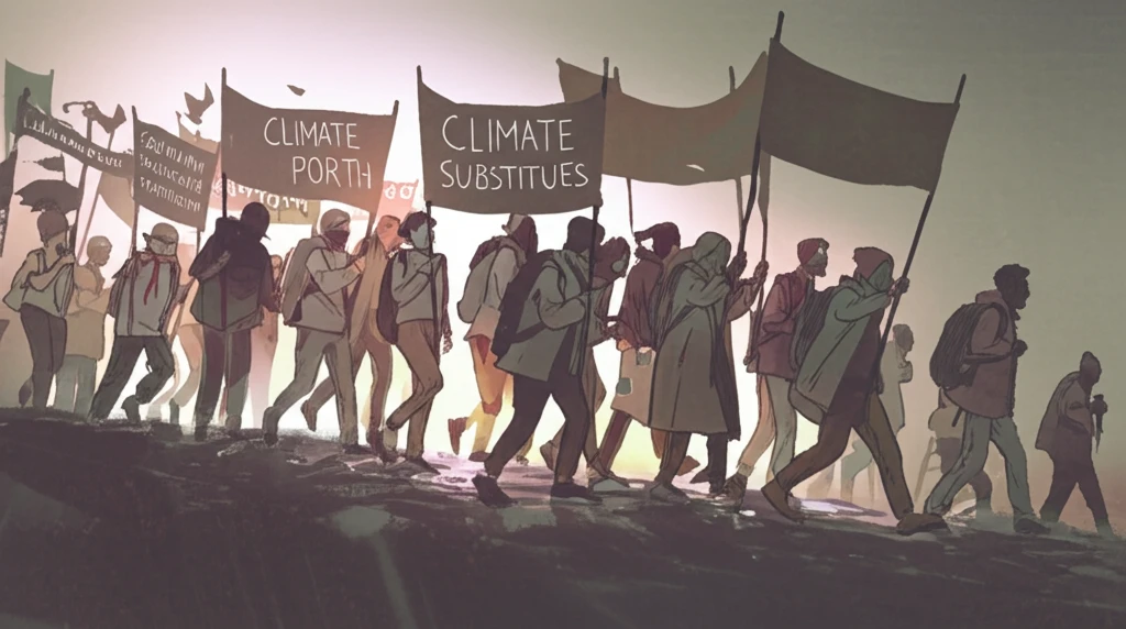 Climate activists marching uphill, some figures fading.
