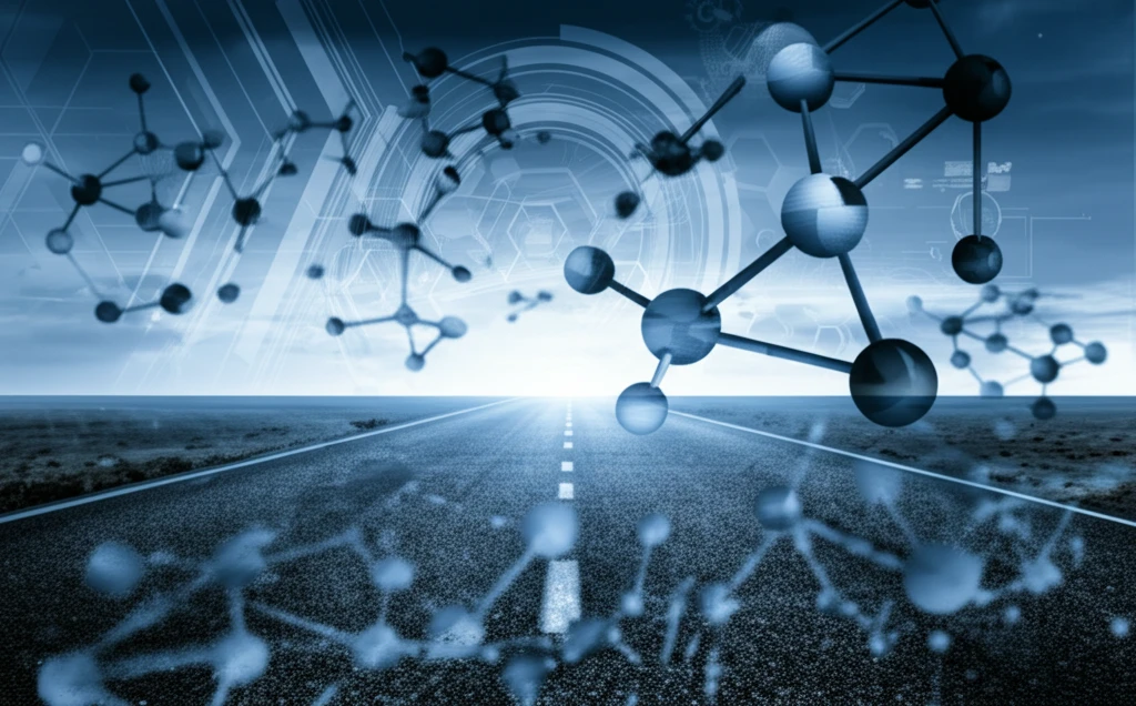 Surreal illustration of asphalt road with molecular structure overlay.