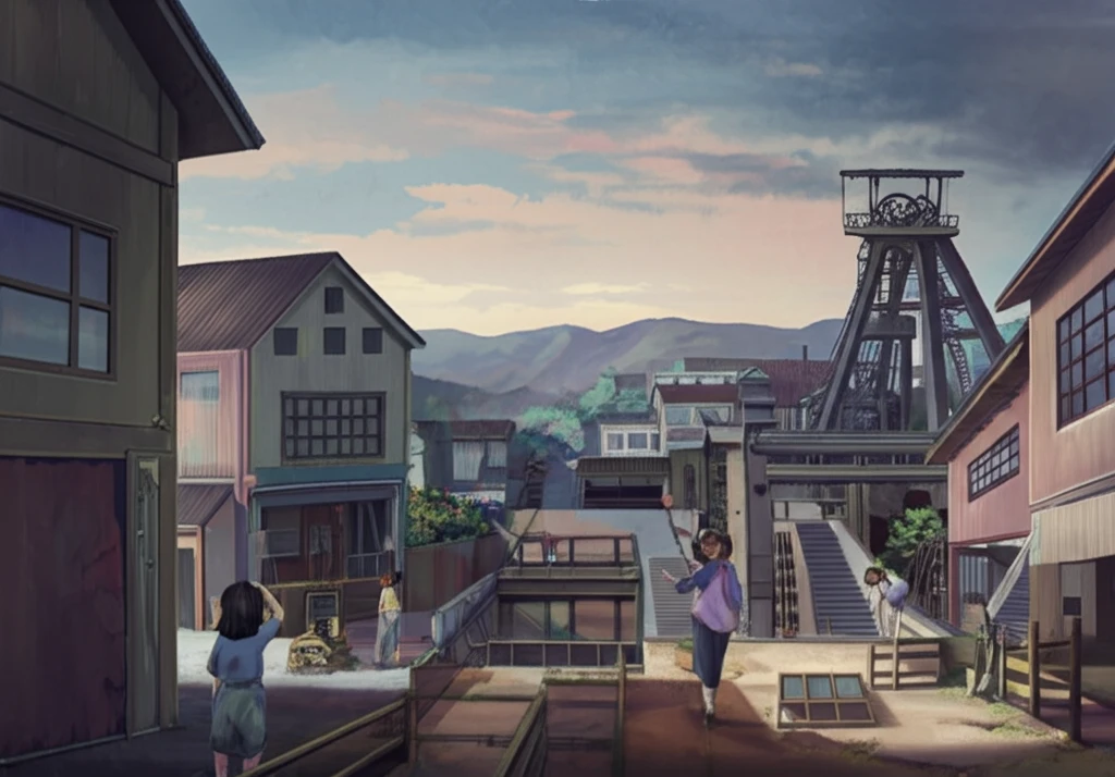Image blending a vintage Japanese coal mine with modern kindergarten imagery.