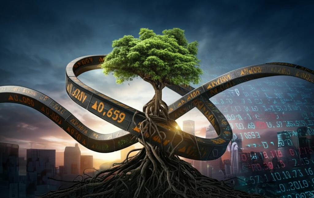 Dynamic Gordon Growth Model Illustration: Stock ticker tape intertwined with a growing tree, symbolizing valuation and market growth.