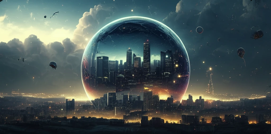 Protective bubble around cityscape symbolizing risk management.