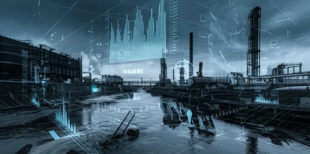 Polluted river flowing through an industrial landscape.