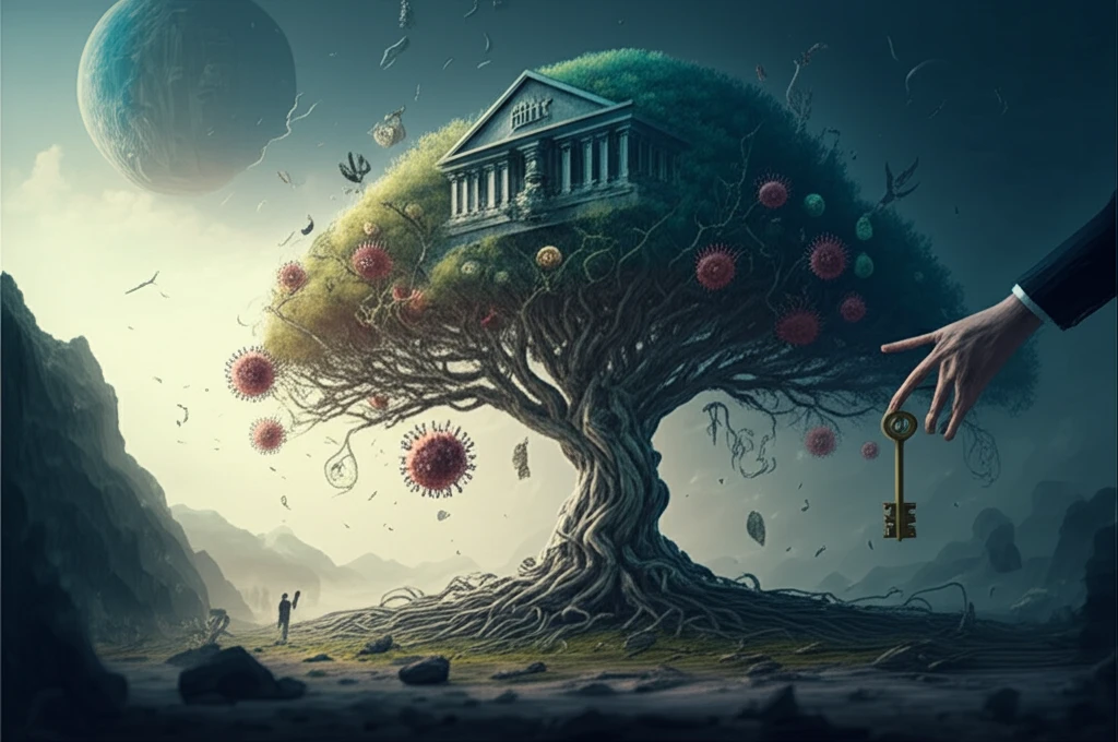 Stylized illustration of a bank holding company tree with interconnected financial networks, showing stability and stress.
