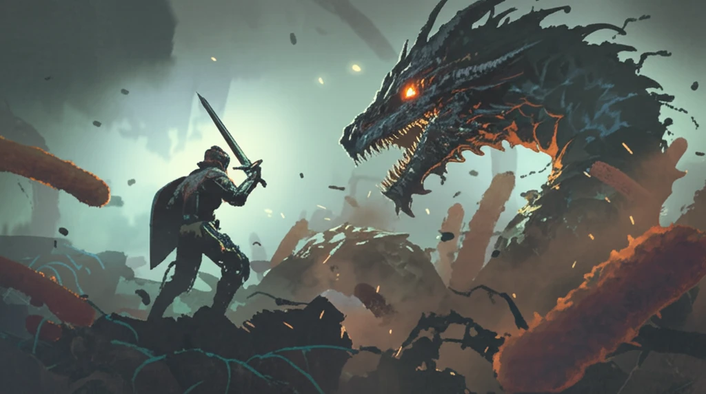 A knight fighting a dragon made of bacteria symbolizes plazomicin combating antibiotic resistance.
