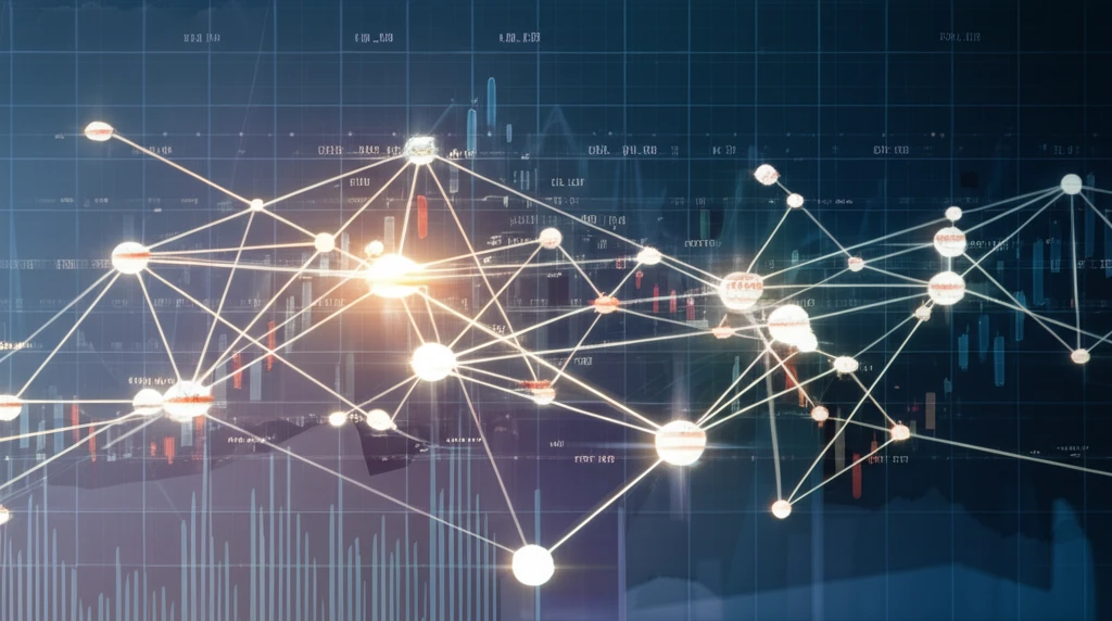 Stock market analysis using interconnected nodes in a matrix pattern.