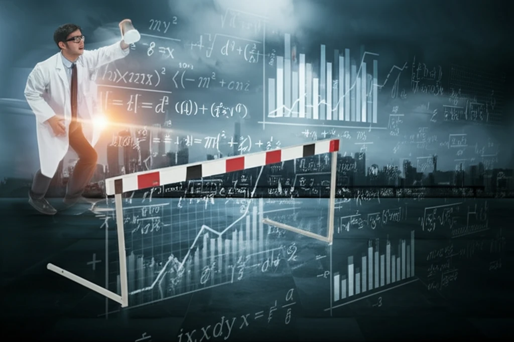 A scientist struggles to adjust a financial research hurdle in a surreal landscape.