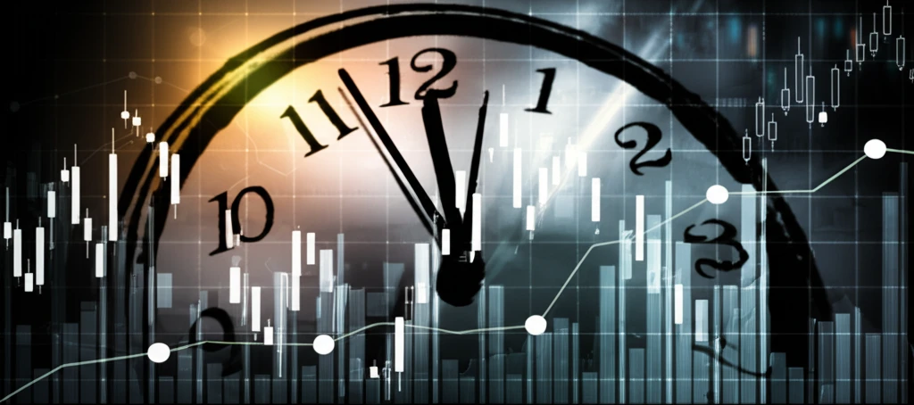 Surreal illustration of a clock merging with volatile stock market charts.