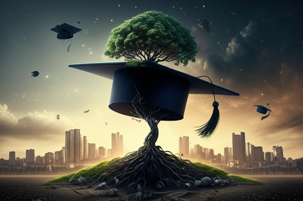 Graduation cap transforming into a tree, symbolizing potential unlocked by education.