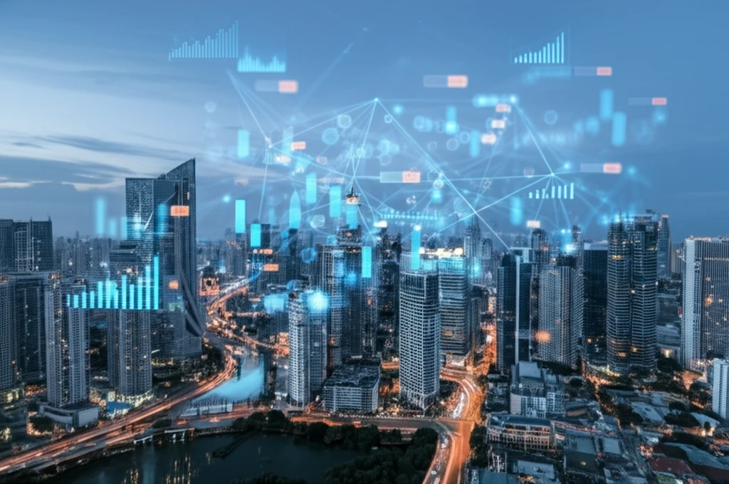 AI-driven investment decisions represented by a neural network over a cityscape.