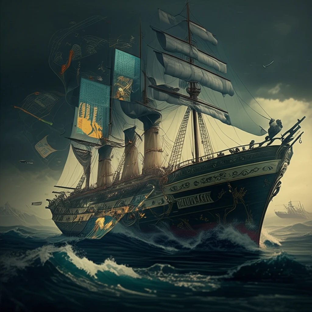 A ship navigates stormy seas with glowing charts representing informed financial decisions.