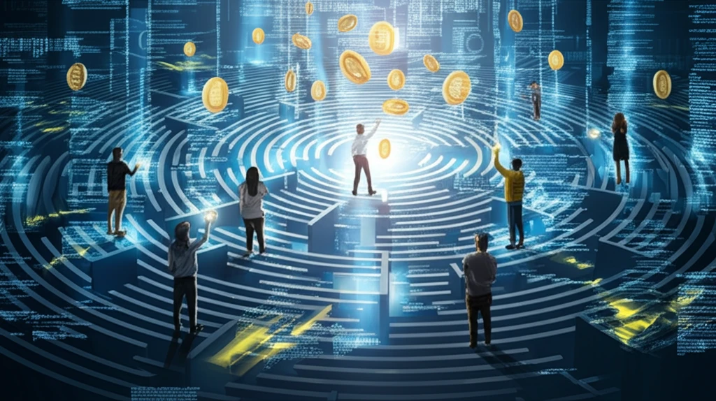 Diverse people reaching for glowing coins above a maze of algorithms, symbolizing fair credit access.