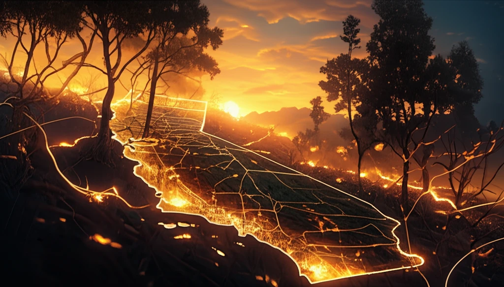 Glowing power lines resembling wildfire under a fiery sunset over a map of California, representing energy distribution and wildfire risk.