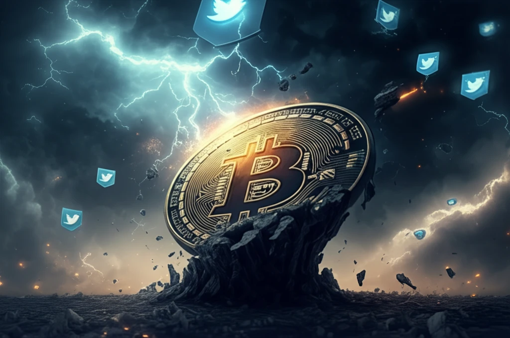 Bitcoin soaring through stormy sky with Twitter logos