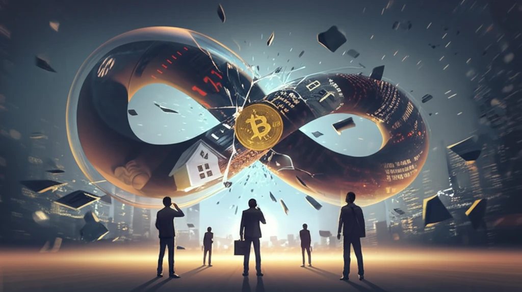 Fragile bubble of assets about to burst with investors looking on.