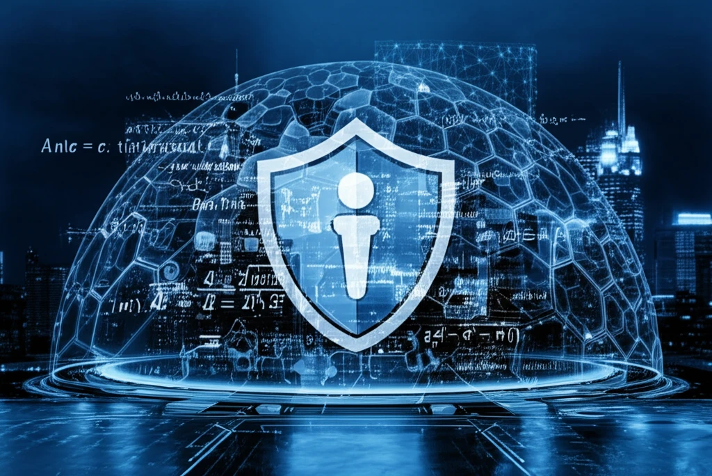 AI-powered dome protecting a cityscape, symbolizing insurance risk management.