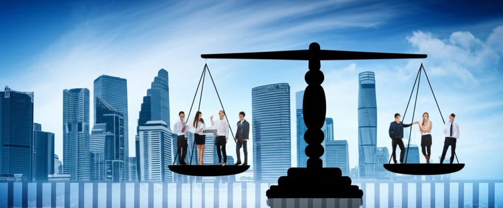 Balanced labor market concept with people and job listings.