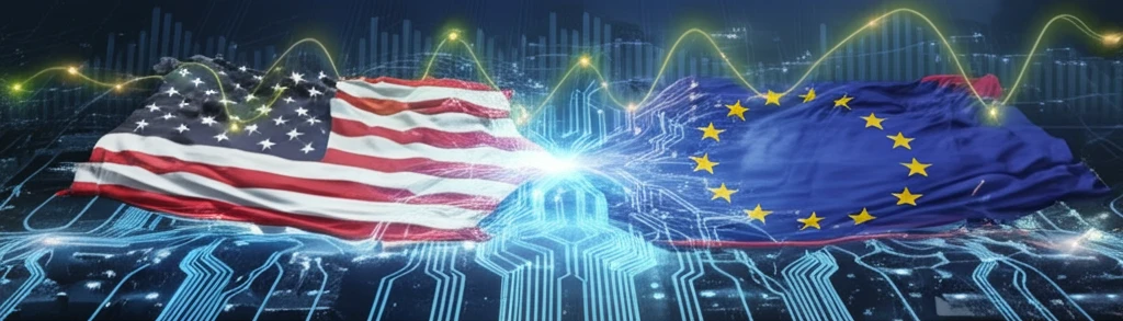 Interconnected financial markets represented by flags connected with energy pathways.