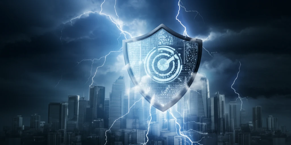 Shield protecting city from storm cloud