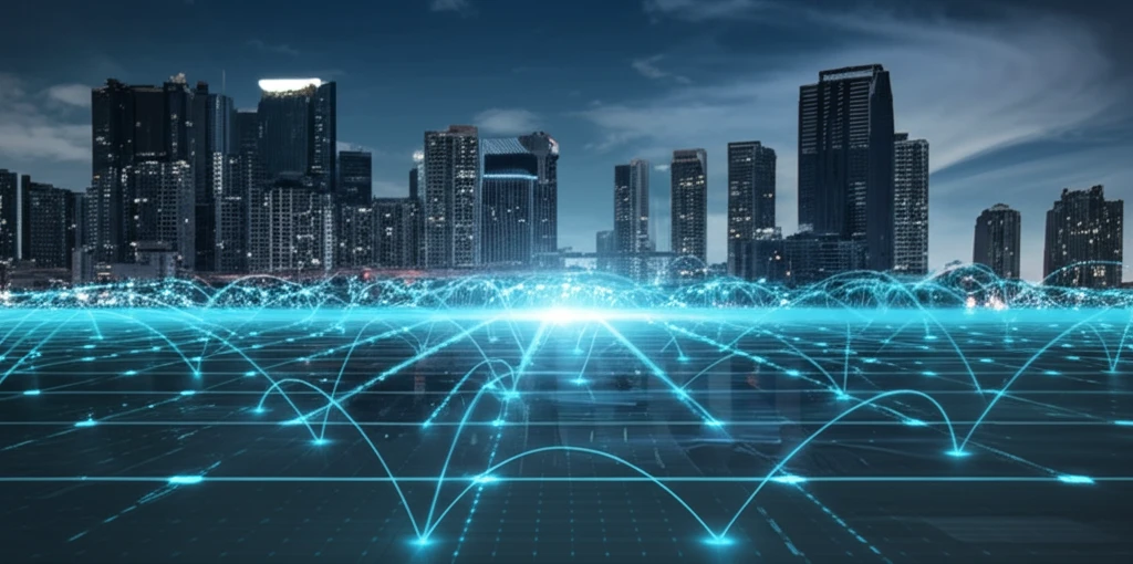Futuristic energy grid overlaid with AI neural network patterns.