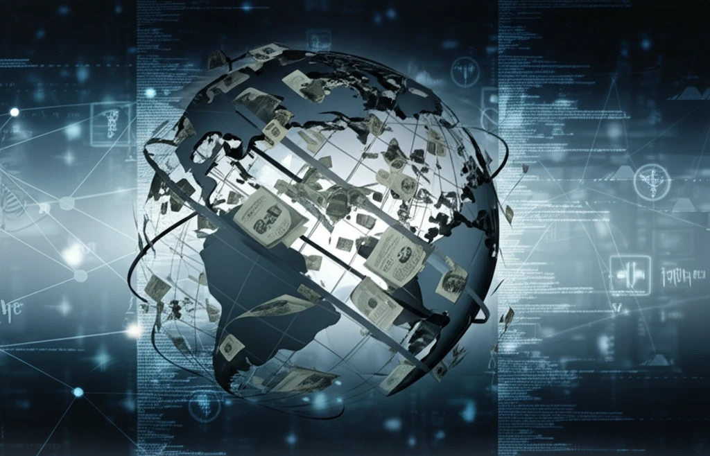 Futuristic globe symbolizing global health financing with medical symbols and money icons.