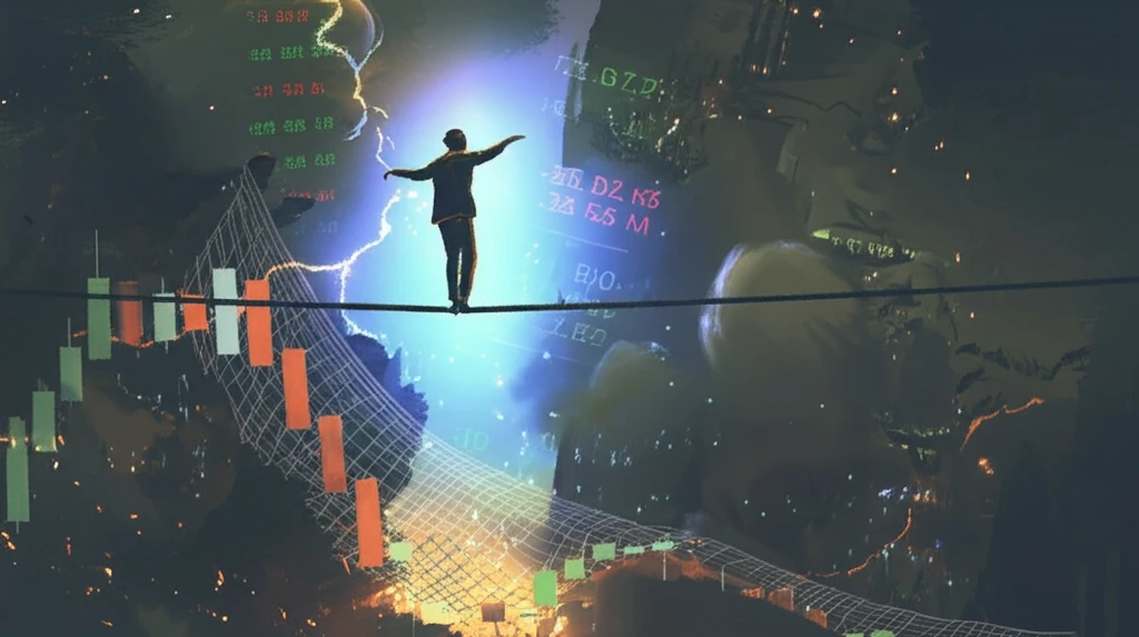 Person balancing finances with a safety net under a stock market