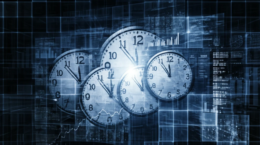 Surreal illustration of financial market analysis with clocks showing trade durations.