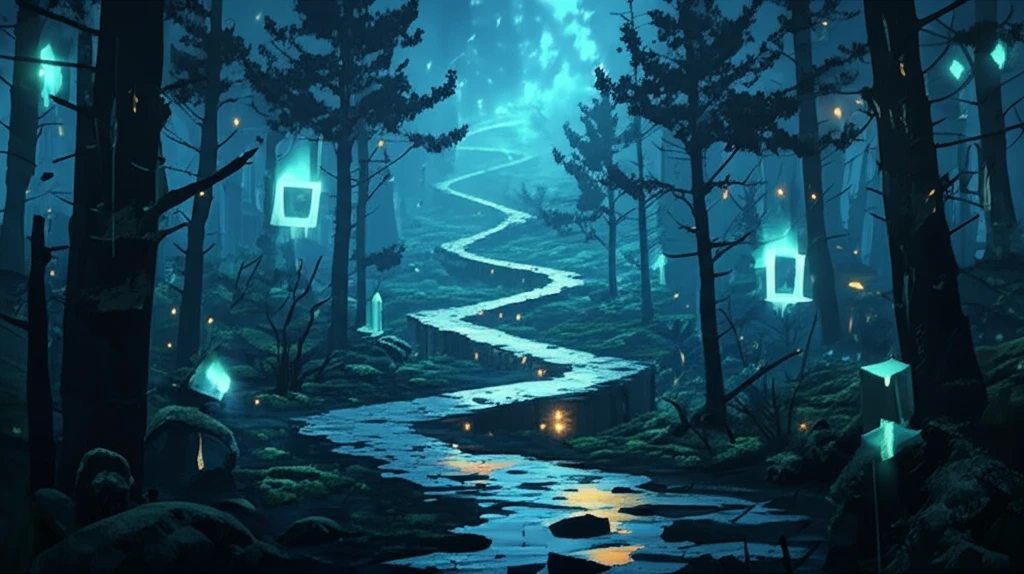 Surreal illustration of financial market with winding path and affine shapes, symbolizing uncertainty and path dependence.