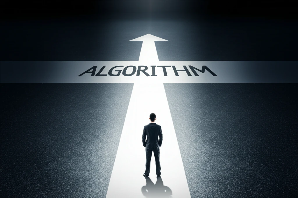 A person at a crossroads, choosing between a path guided by algorithms and one guided by intuition.