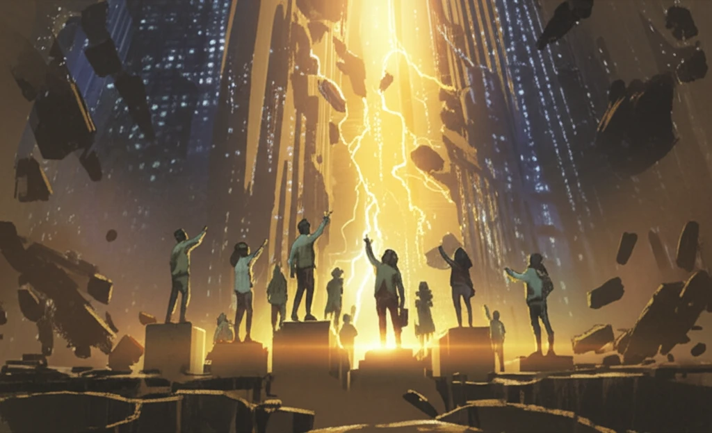 Diverse professionals reaching for a corporate skyscraper, symbolizing equal opportunity.